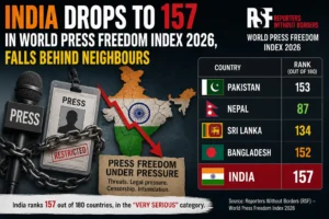 Read more about the article India Drops to 157 in World Press Freedom Index 2026, Falls Behind Neighbours Pakistan, Nepal, Sri Lanka, Bangladesh